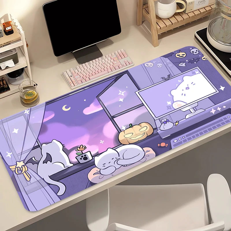 Desk setup with a large Kawaii cartoon mouse pad featuring cute illustrations.