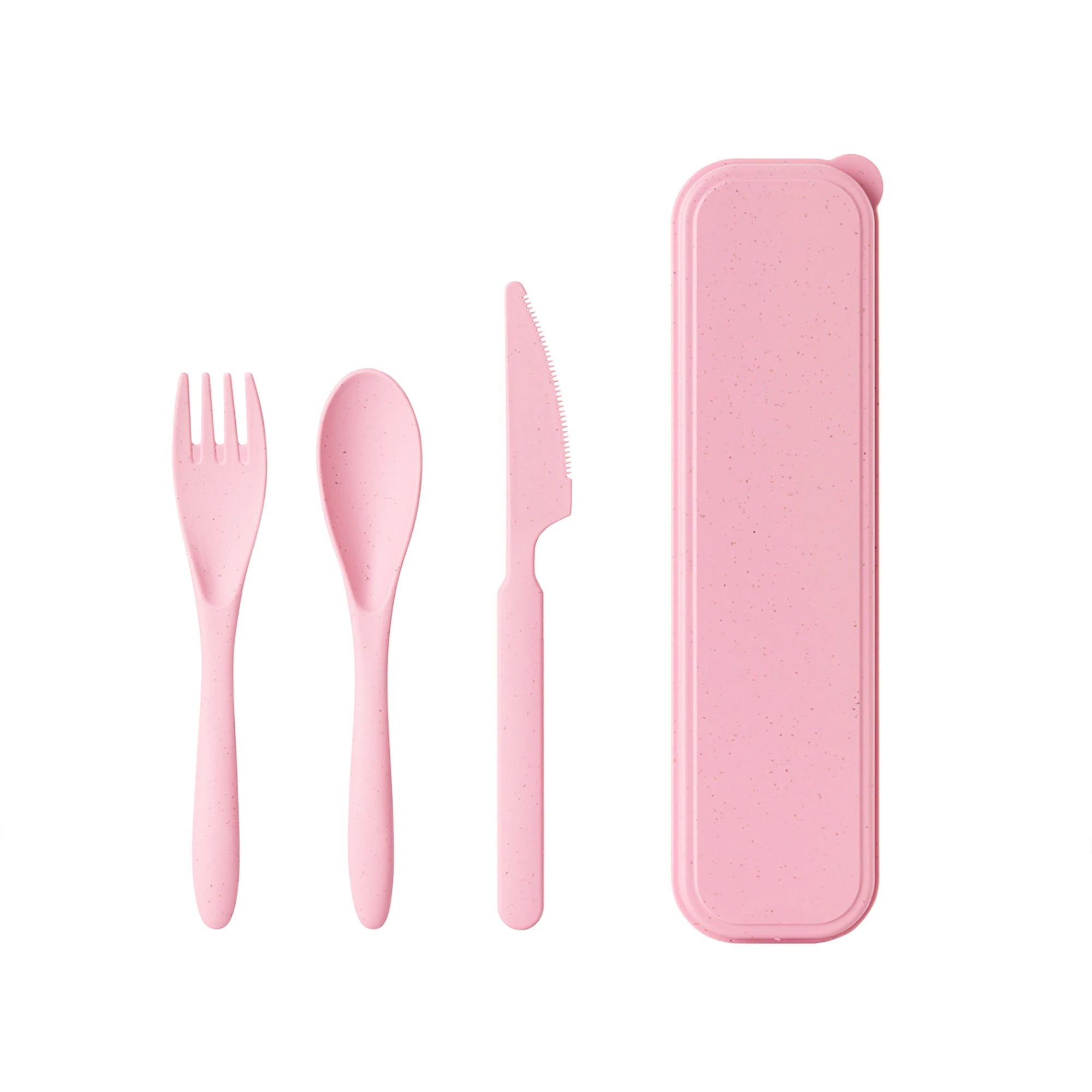Set of pink kawaii utensils including fork, knife, and spoon with a pink case on a white background