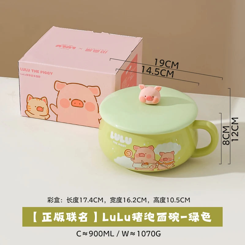 Green kawaii ramen bowl with pig design and measurements on a white background