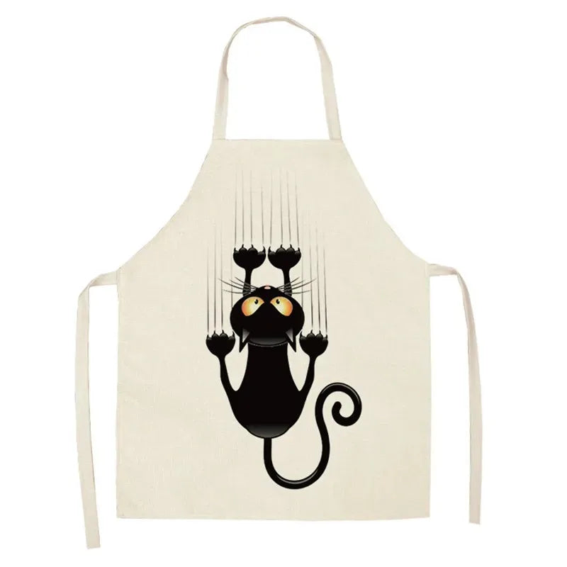 Beige Kawaii apron with a black cat design on a white background