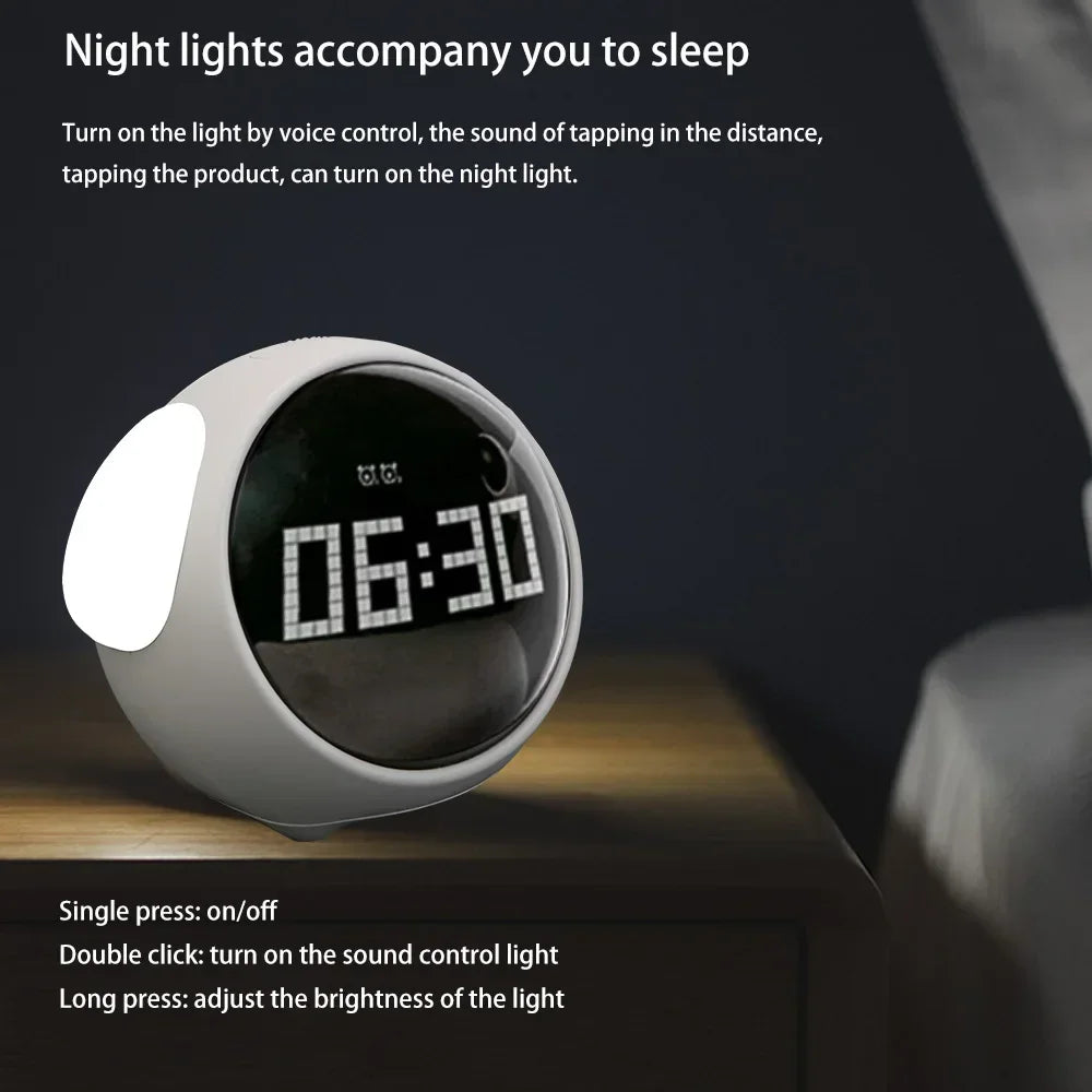 Kawaii digital clock with night light feature on a dark background