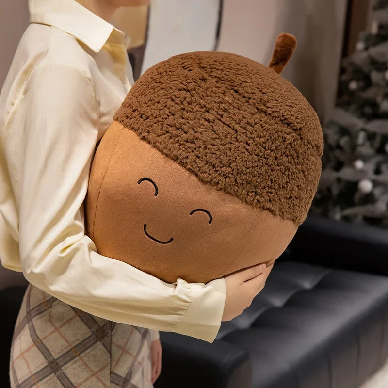 Person wearing a kawaii plush toy shaped like a person with brown hair and a smiley face.