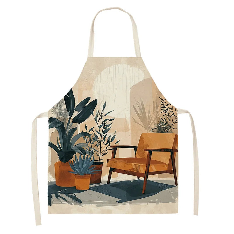 Kawaii apron with a design of a chair and plants on a white background