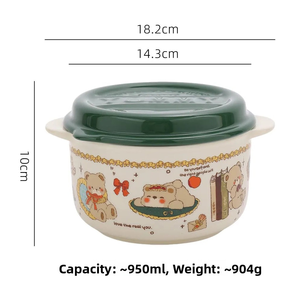 Cartoon kawaii ramen bowl with dimensions and features on a beige background