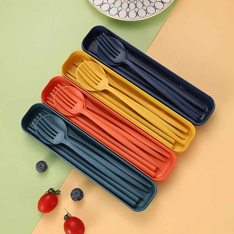 Set of kawaii colorful folding utensils in carrying cases on a multicolored background