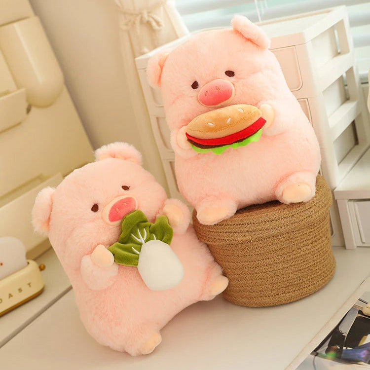 Two pink kawaii plush pigs with a basket on a light surface.