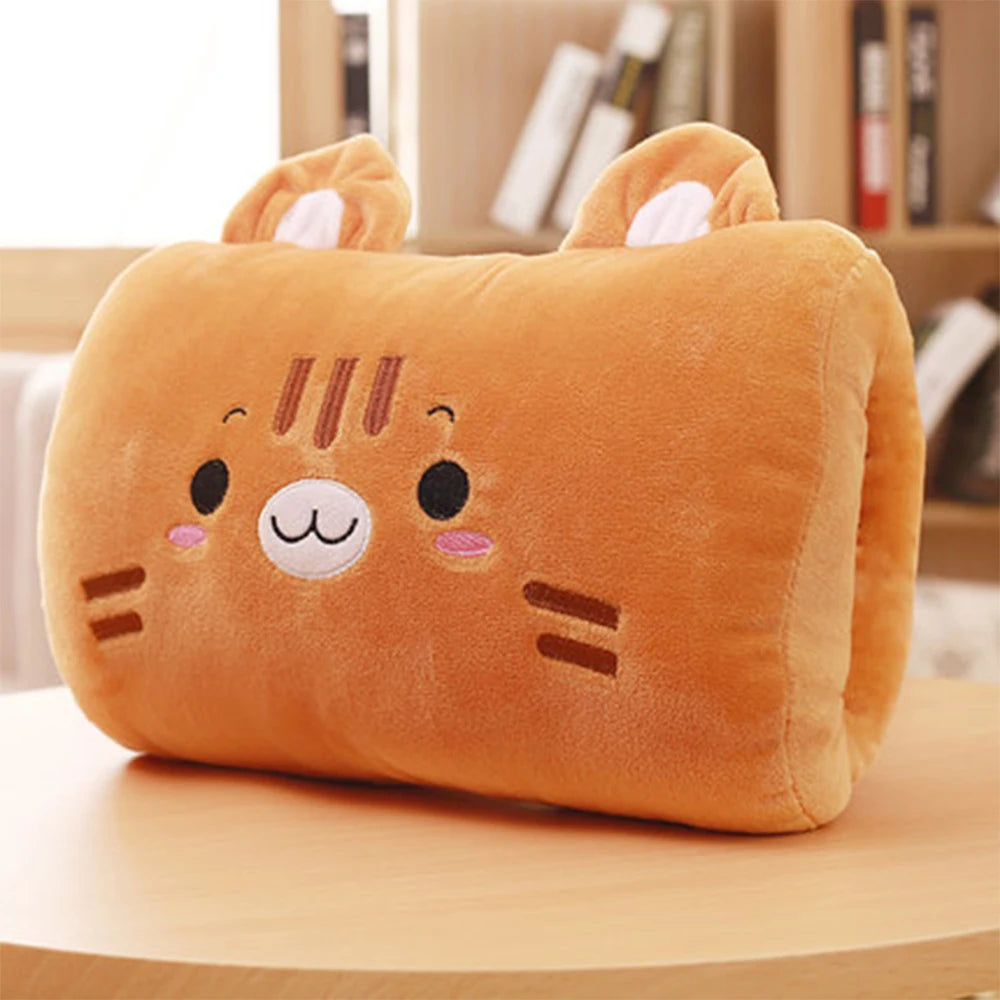 Cute orange cat-shaped kawaii cushion on a wooden surface with a blurred background
