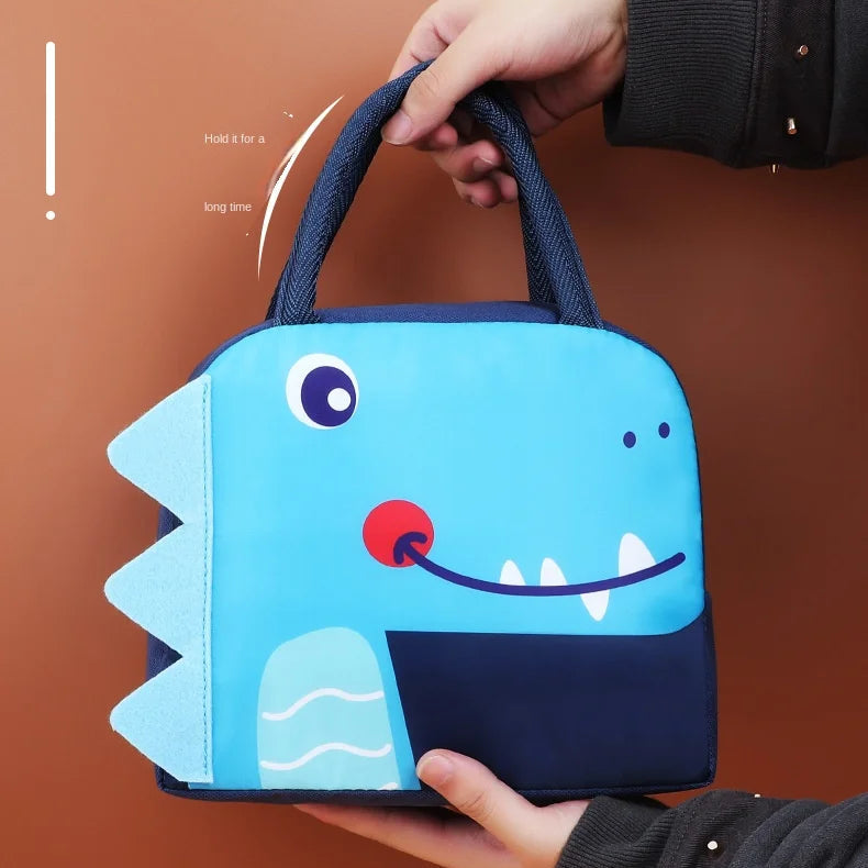 Blue dinosaur-shaped kawaii bag with a handle held by a person against a brown background
