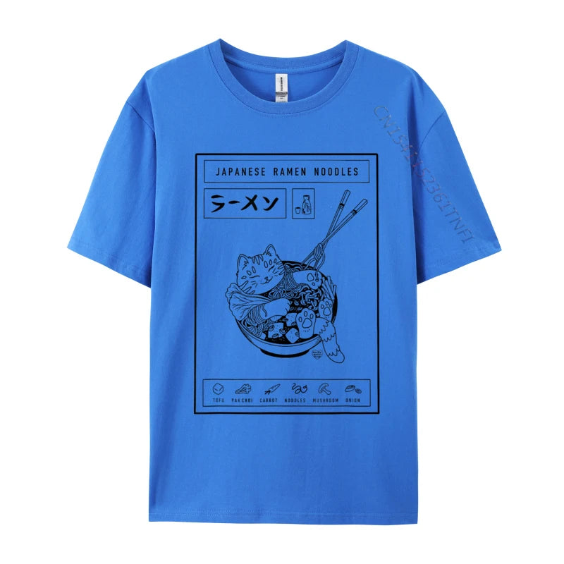 Blue t-shirt with a graphic design of a kawaii cat and ramen noodles on a white background