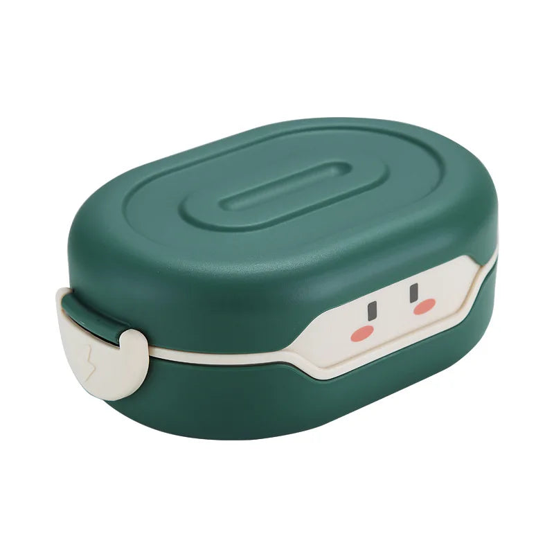 Green rectangular kawaii food container with cartoon face on a white background