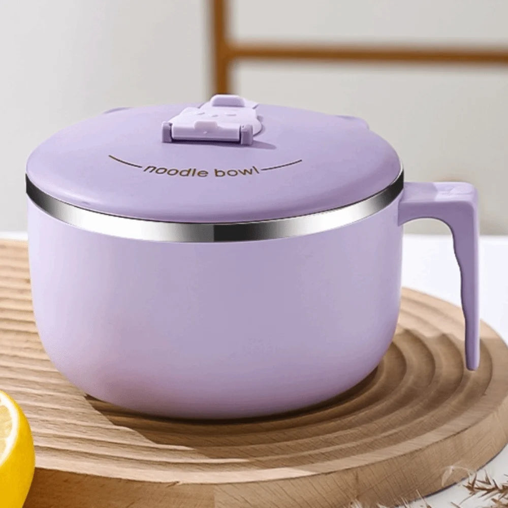 A purple kawaii ramen bowl on a wooden surface