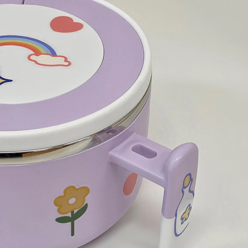 A close up of a purple and white kawaii ramen bowl