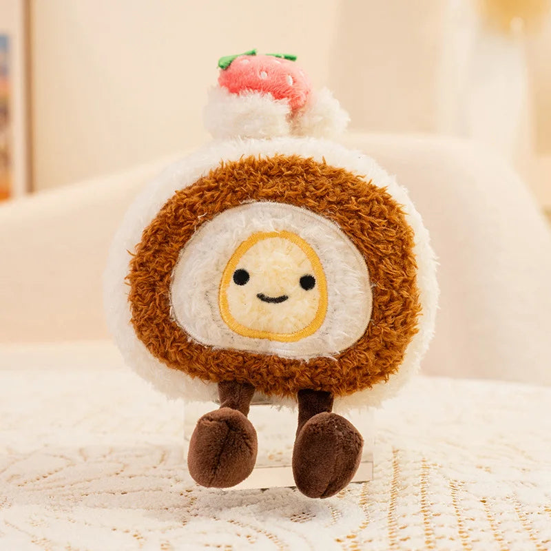 Kawaii plush toy resembling a roll of sushi with a smiling face on a soft surface.