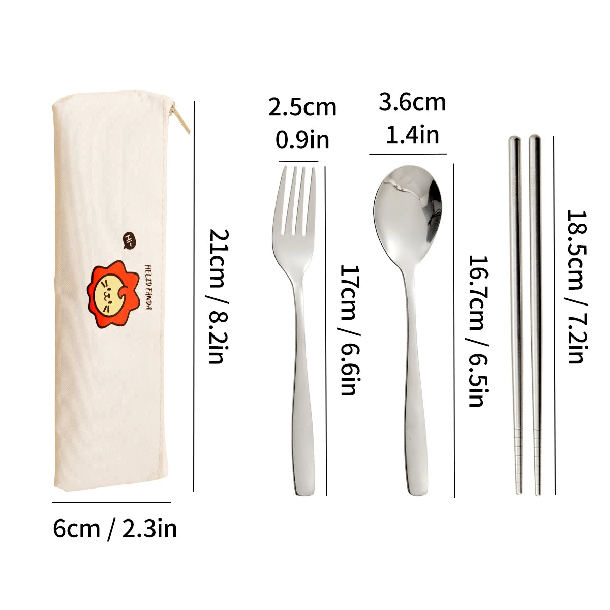 Set of kawaii utensils with dimensions labeled on a white background