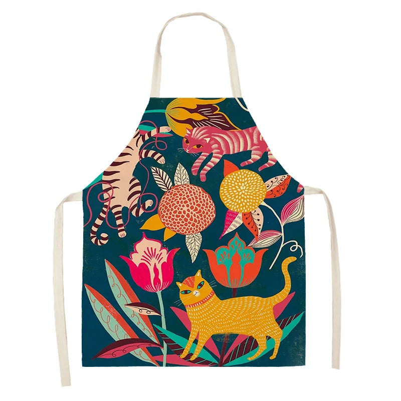 Colorful kawaii apron with cat and floral design on a white background