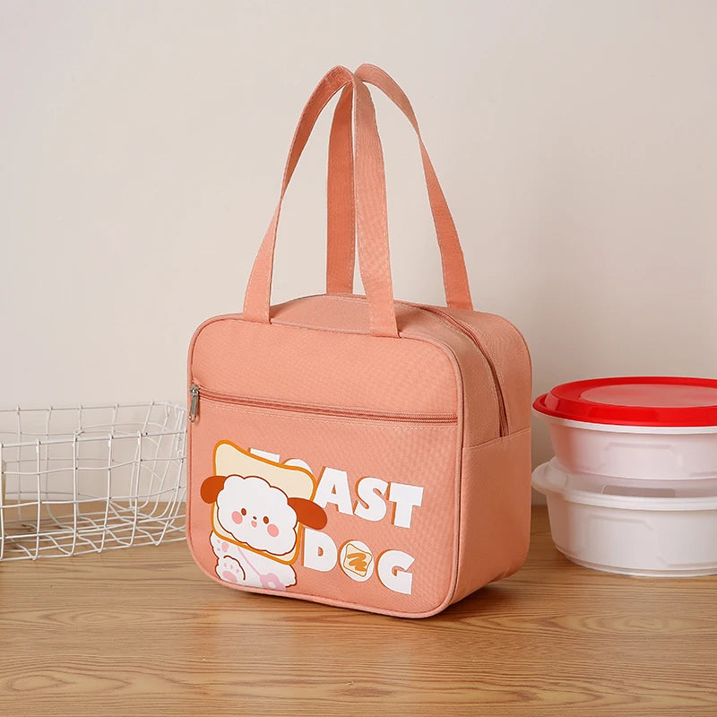 Pink kawaii tote bag with 'Fast Dog' text and cartoon dog design on a wooden surface.