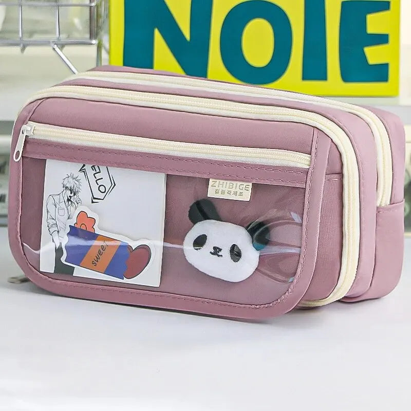 Pink pouch with kawaii panda design and visible brand logo on a white background