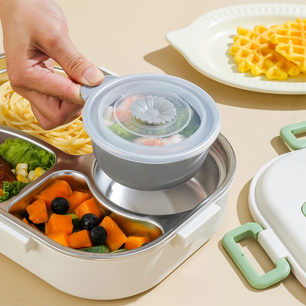 Kawaii meal prep container with food on a beige surface
