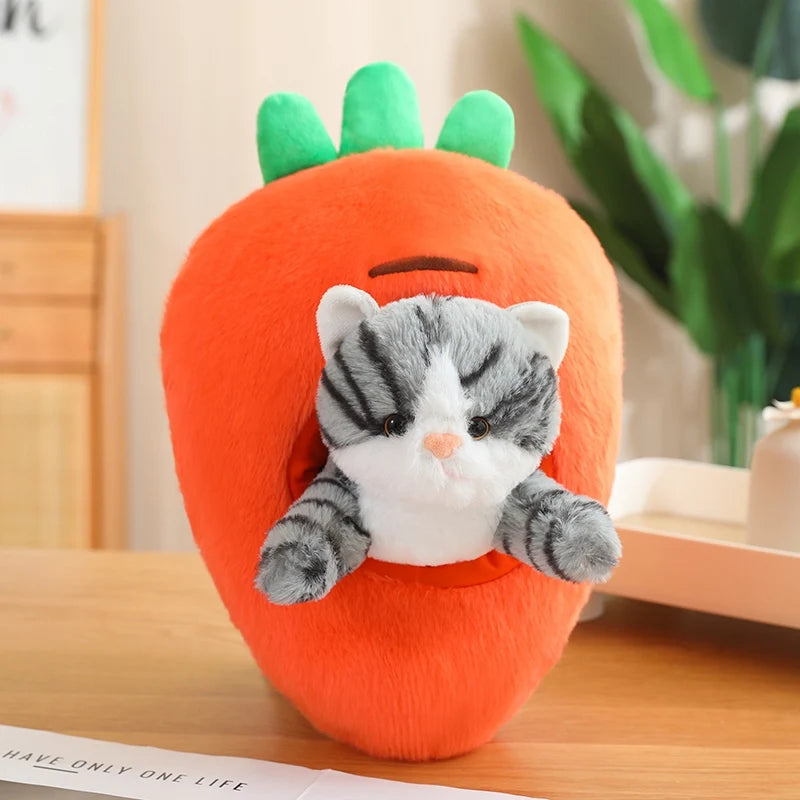 Kawaii plush toy cat inside an orange carrot-shaped container on a wooden surface.