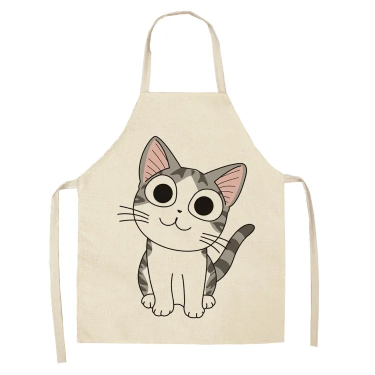 Beige kawaii apron with a cartoon cat design on a white background