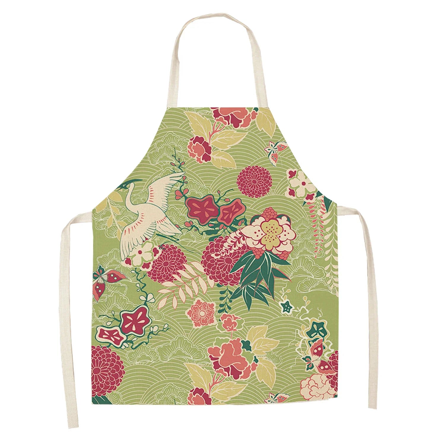 Floral Kawaii apron with a green background on a white background