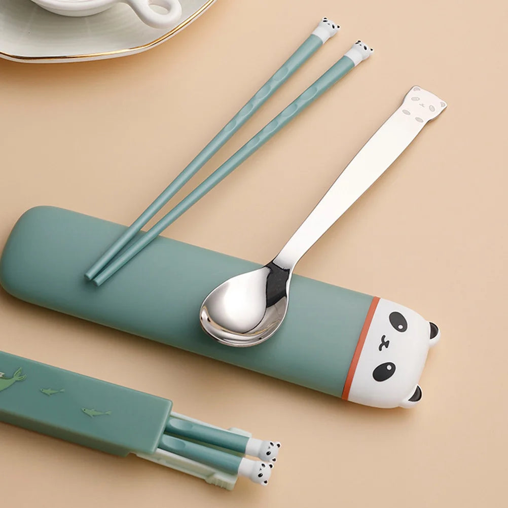 Set of kawaii utensils and case with panda design on a beige background
