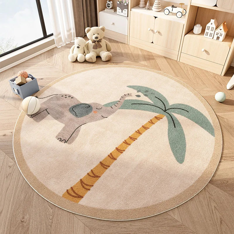 Round kawaii rug with a dinosaur design on a wooden floor in a room with toys and furniture.