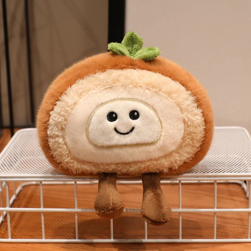 Kawaii plush toy resembling a cartoonish bread roll with a smiling face on a wire rack.