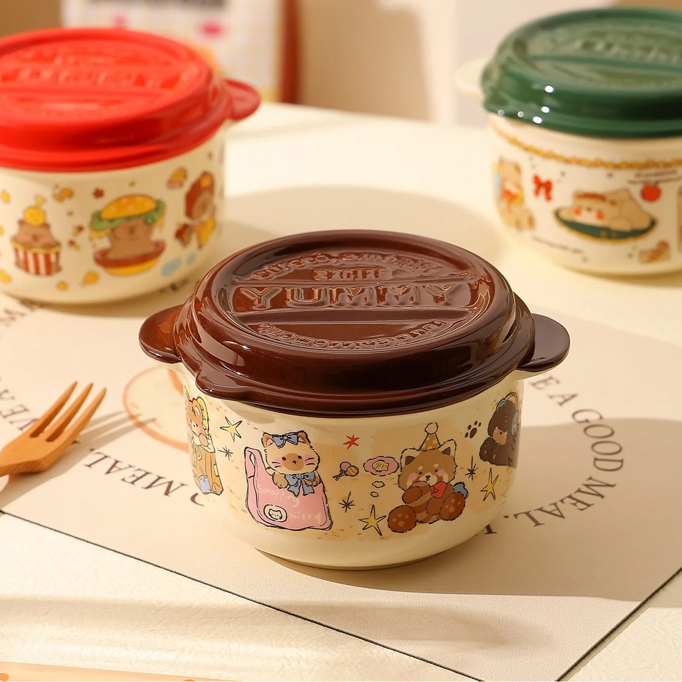 Ceramic kawaii ramen bowl with a lid on a table with text about its thick porcelain and warm touch.