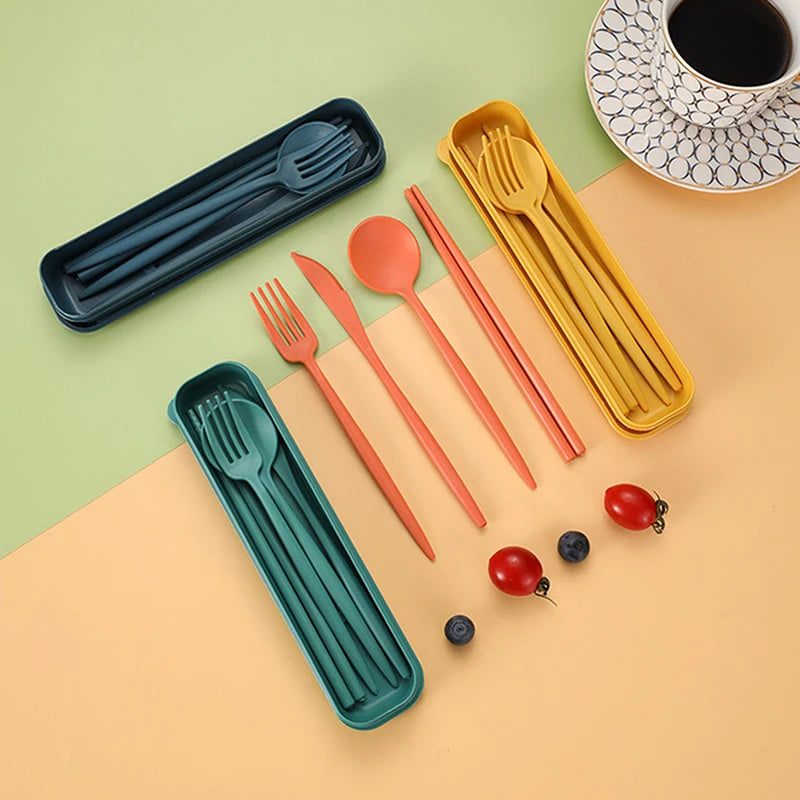 Set of colorful kawaii cutlery with carrying cases on a multicolored background