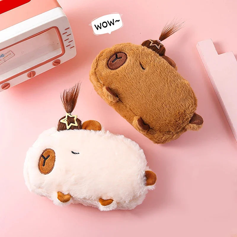 Two plush kawaii animal toys, one white and one brown, on a pink background with a speech bubble saying 'WOW'.