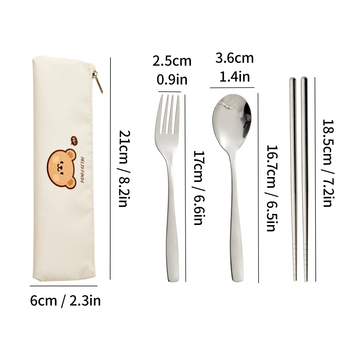 Measurement chart of a set of kawaii utensils with dimensions labeled.