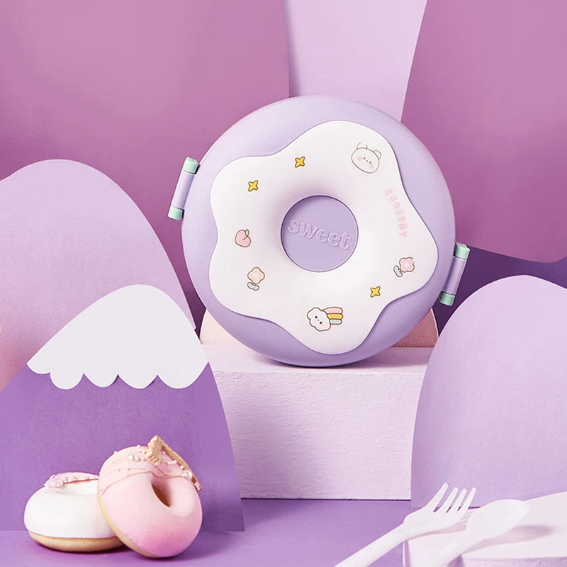 Purple kawaii children's plate with cartoon design on a matching purple background