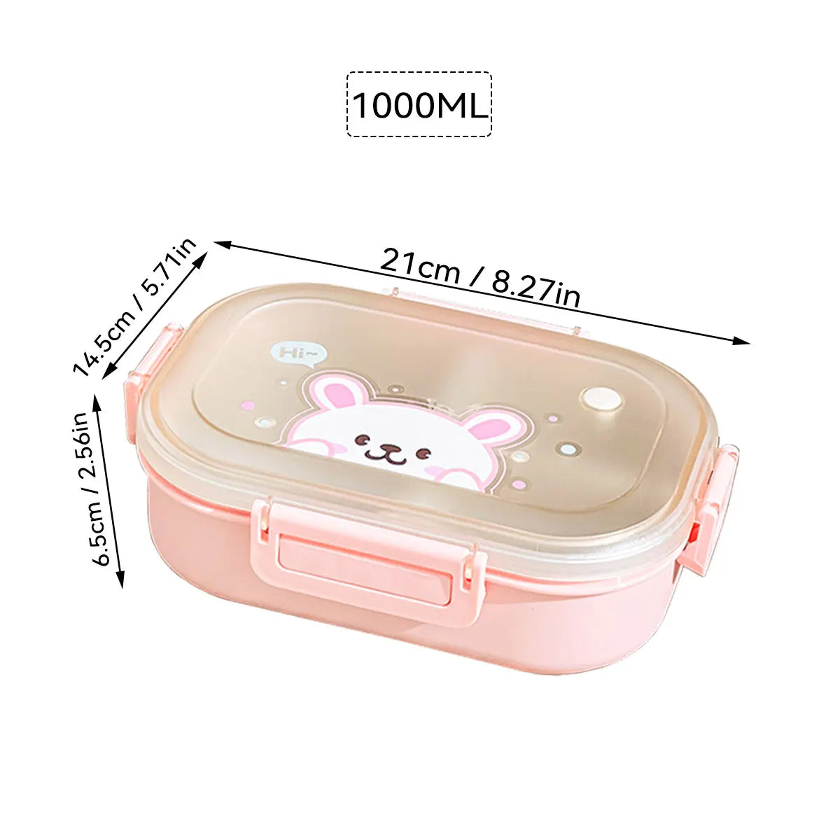 Pink kawaii lunch box with a cartoon character on a white background, showing measurements.