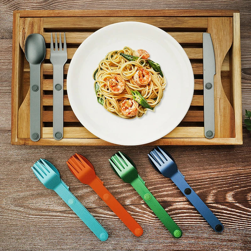 A set of five colorful kawaii utensils on the kitchen table