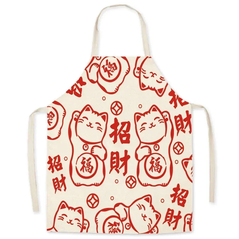 Beige kawaii apron with red cat illustrations and Chinese characters on a white background