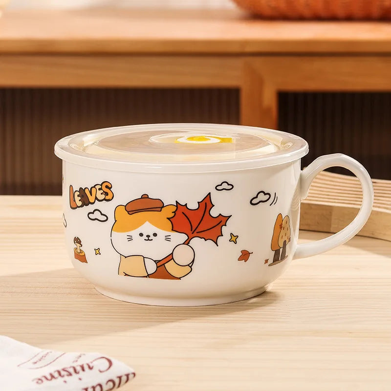 A bear themed kawaii ramen bowl sitting on the table