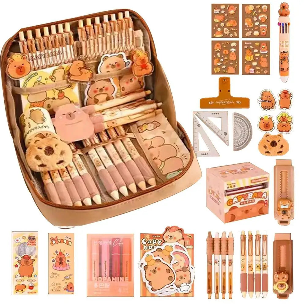Stationery set with kawaii cute animal-themed items including pens, stickers, and a ruler.