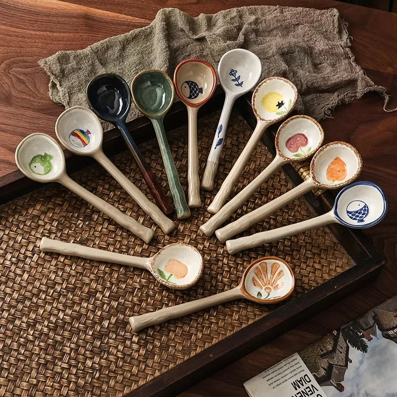 A group of multicolored kawaii spoons on the kitchen table