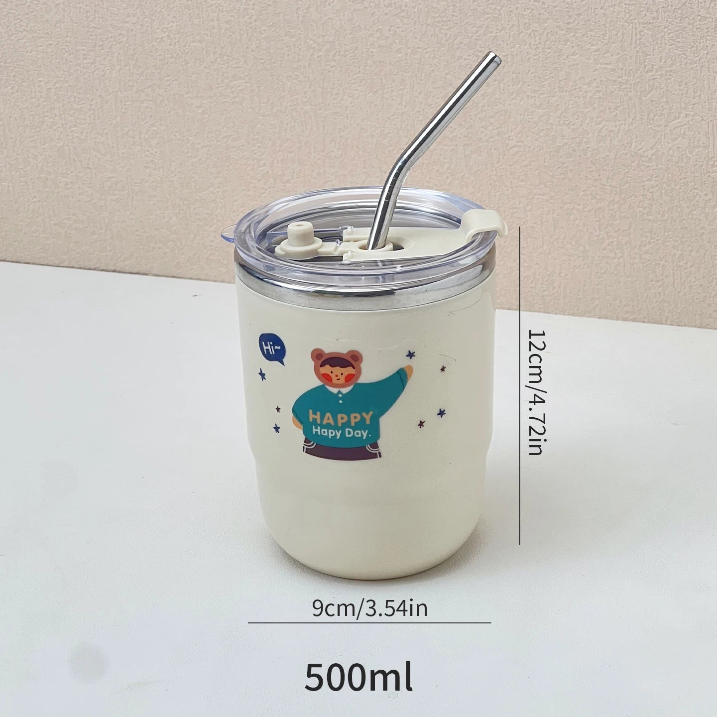 White kawaii tumbler with a bear illustration and straw on a beige background