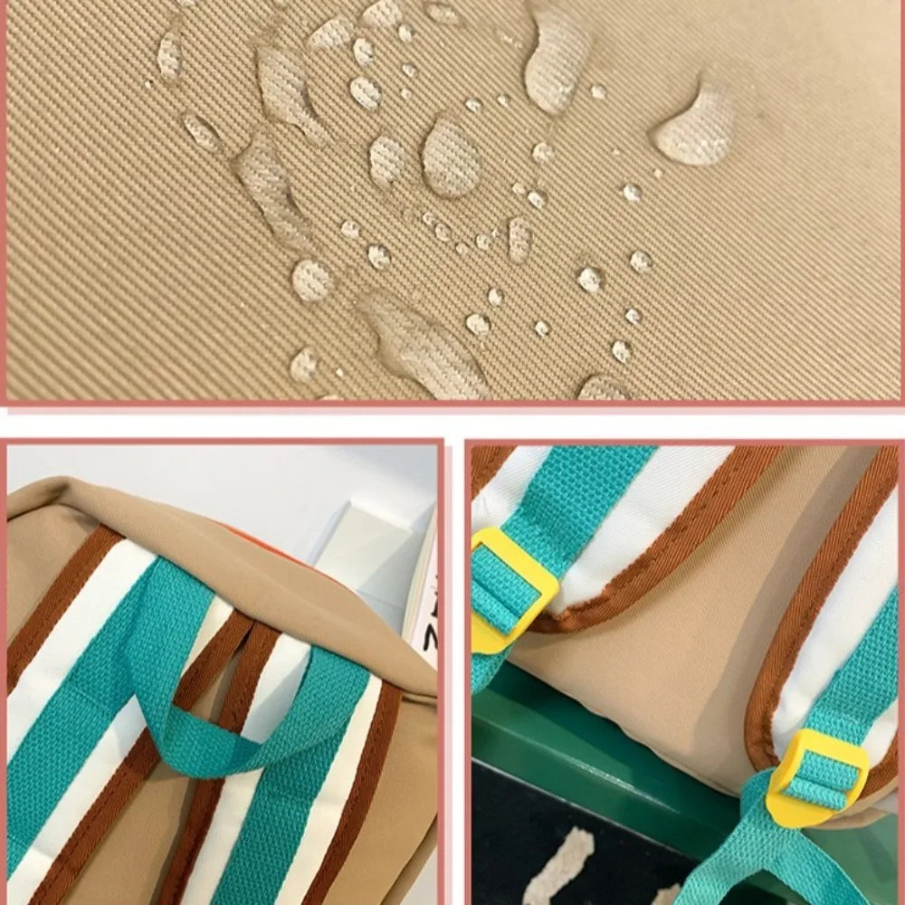 Textile with water droplets, close-up of fabric texture, and Kawaii-inspired colours of a backpack.