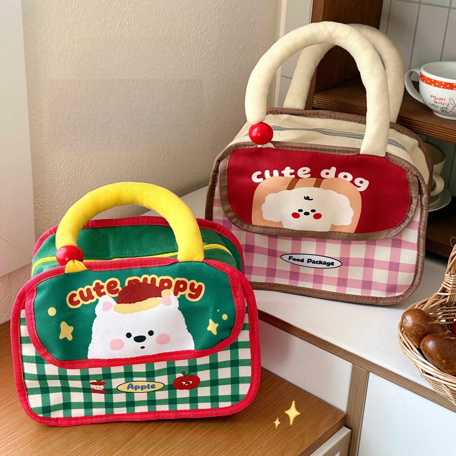 Two cute animal-themed kawaii bags on a wooden surface with a neutral background.