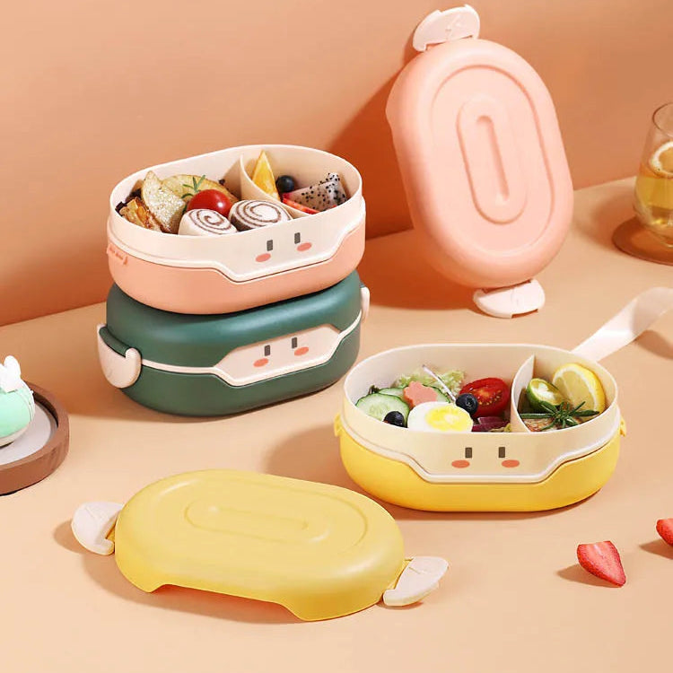 Set of colorful kawaii bento boxes with food on a beige background