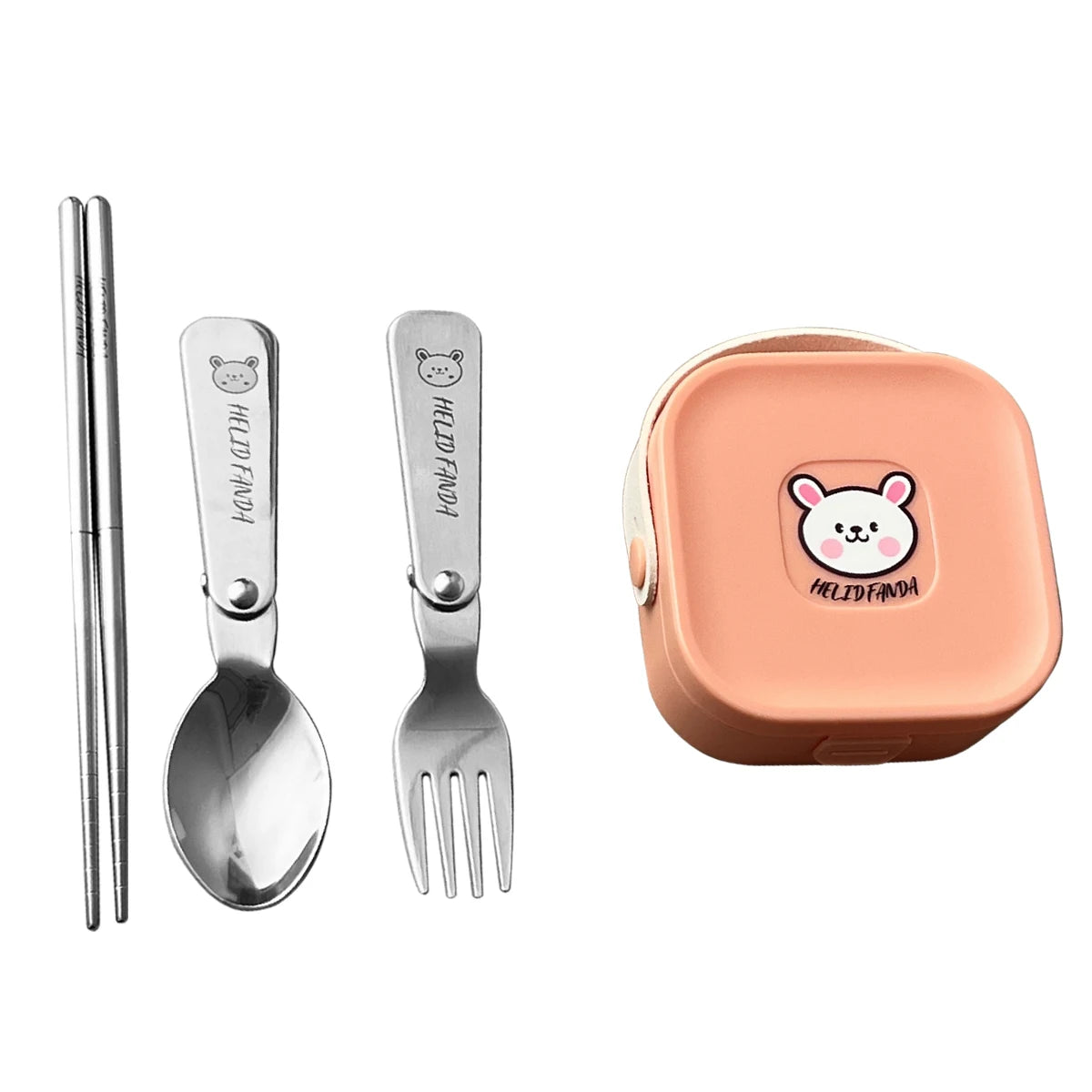 A pink and steel kawaii utensils on a white background