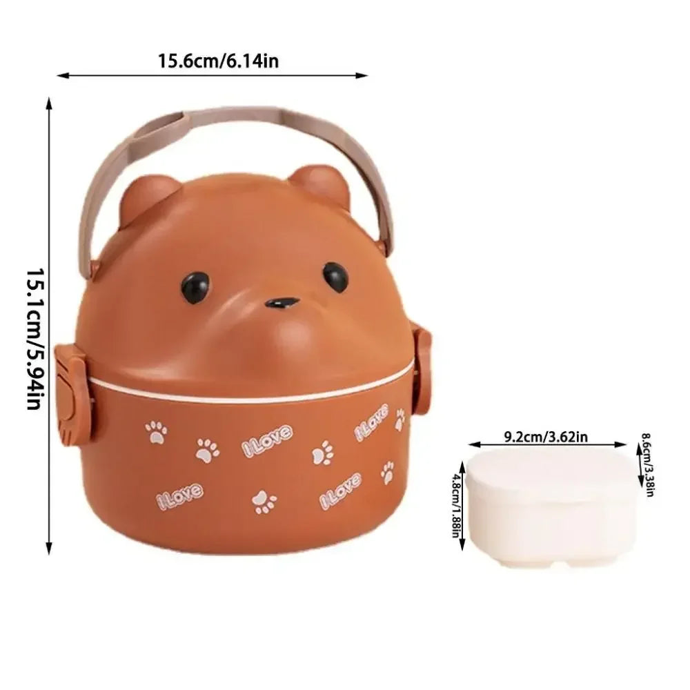 Brown bear-shaped kawaii lunch box with measurements on a white background