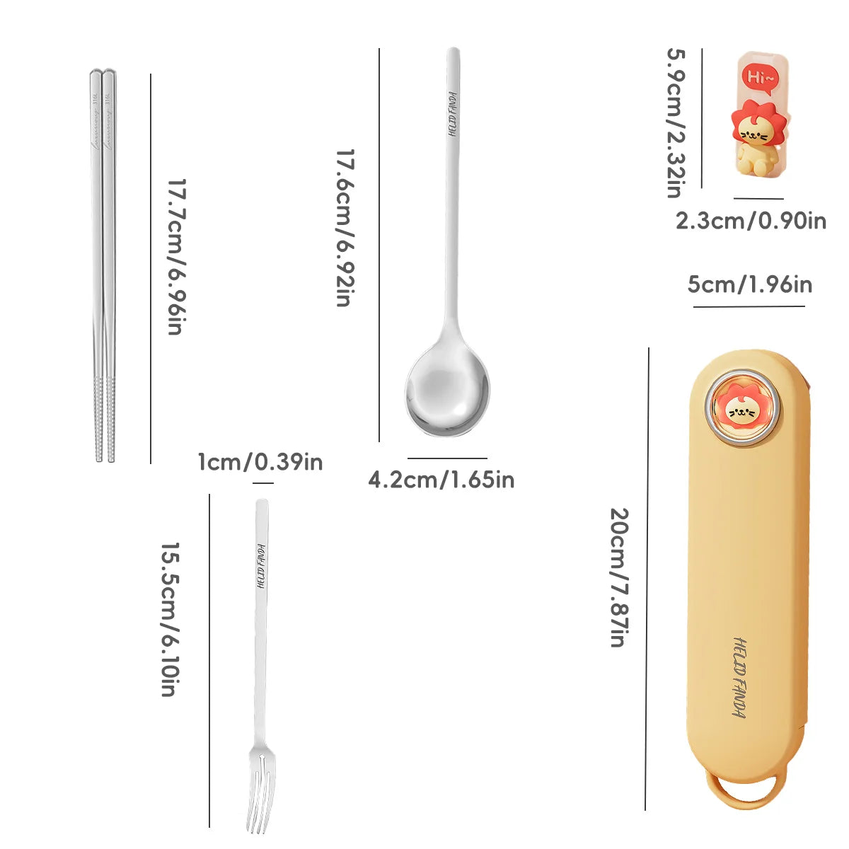 Measurement chart of a yellow kawaii utensils set with spoon, fork, and straw on a white background