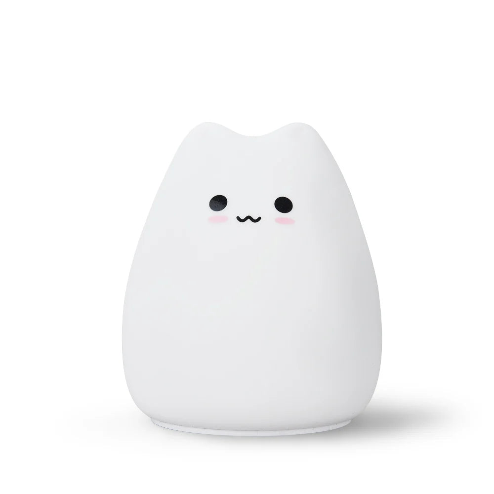 White night light shaped like a kawaii cat with a simple face on a white background
