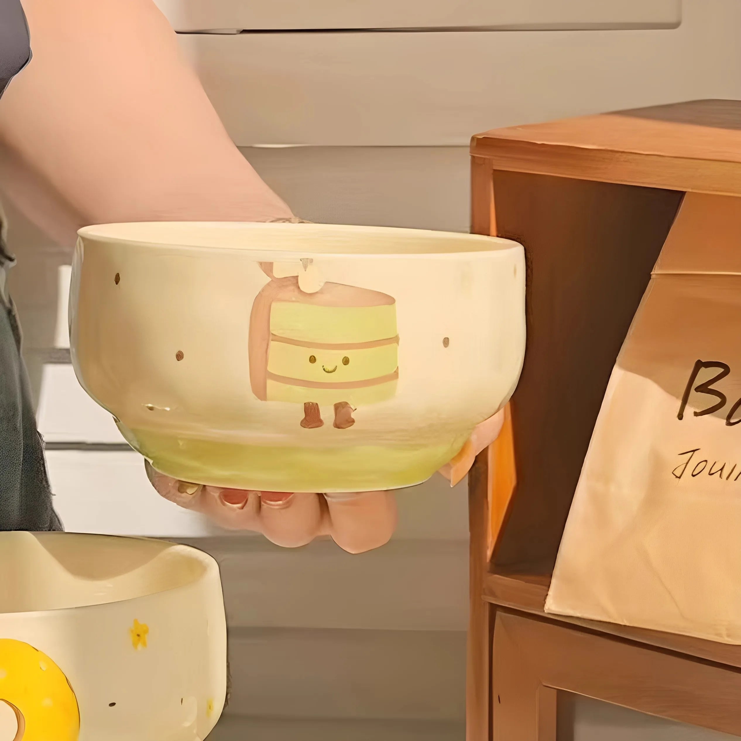 A cake design kawaii bowl being held