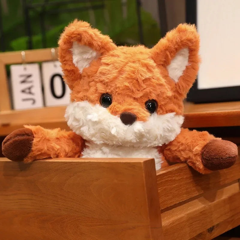 Plush fox kawaii toy sitting on a wooden surface with a blurred background