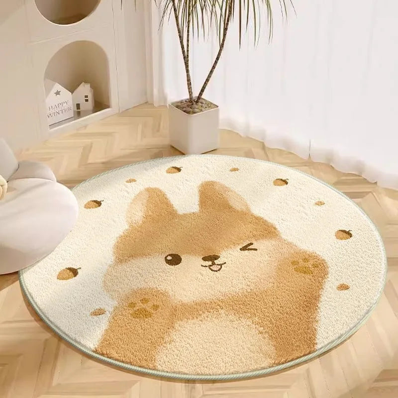 Round kawaii rug with a dog design on a wooden floor.